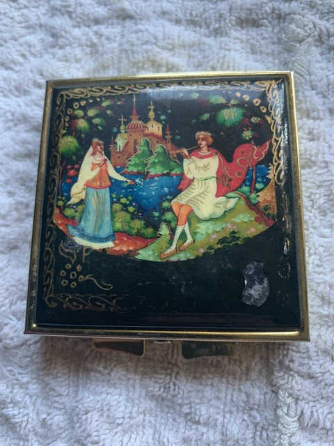 Vintage Russian Handmade Metal Cloisonne Compact Mirror With Enamel Lid