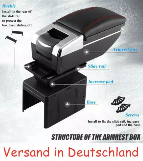 Mittelarmlehne mit Staufach Armlehne Kunstleder Schwarz Auto Universal mit 7USB