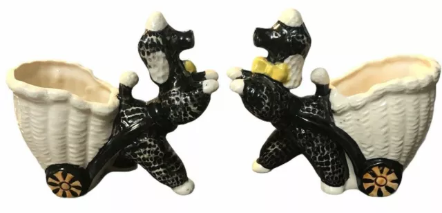 pair of Vintage Shafford Pottery French Poodle Dog Pulling Open Cart Planter