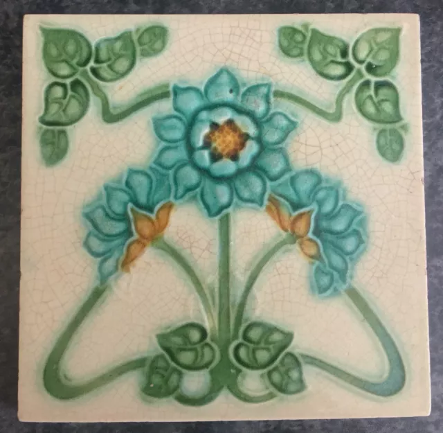 EXCELLENT antique art nouveau FLOWERING FLOWER PLANT TILE marked C