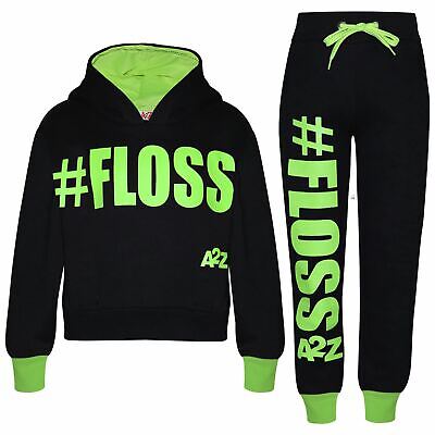 Kids Girls Jogging Suit Designer #Floss Hooded Crop Top Bottom Tracksuit 5-13Yr