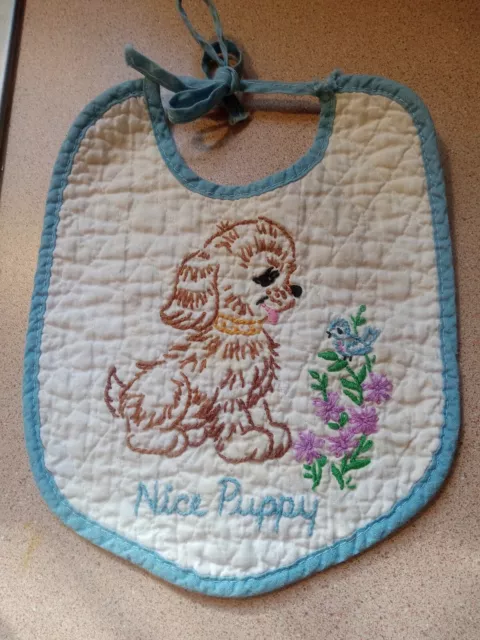 Vintage 1950s Hand Embroidered Baby Bib Quilted Puppy Infant Bib