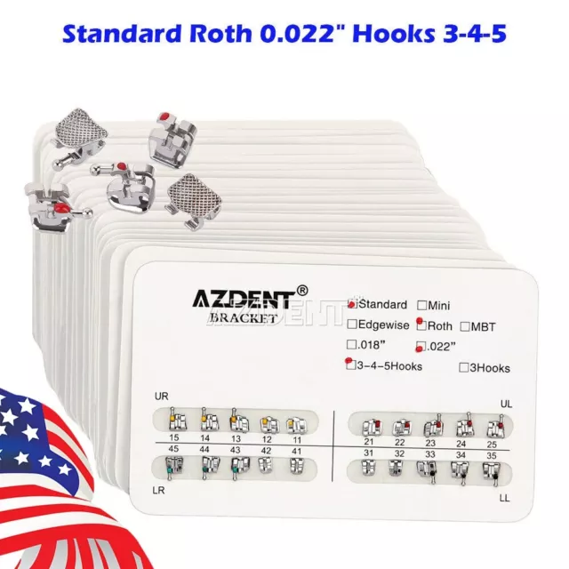 20X AZDENT Dental Orthodontic Brackets Standard Roth Slot.022 Hooks 3-4-5 Braces