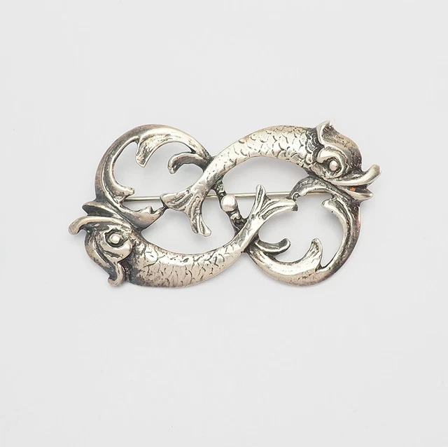 Antique sterling silver Arts Crafts style fish Pisces zodiac large brooch pin