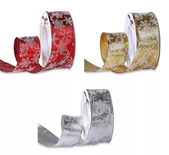 Wire Edge Shiny Lurex Ribbon with Christmas Print 40mm - Red, Silver or Gold