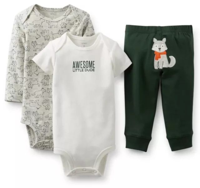 NEW Carters Baby Boys Gray Fox 3 Pc Little Dude Bodysuit Pants Set 3M or 6M