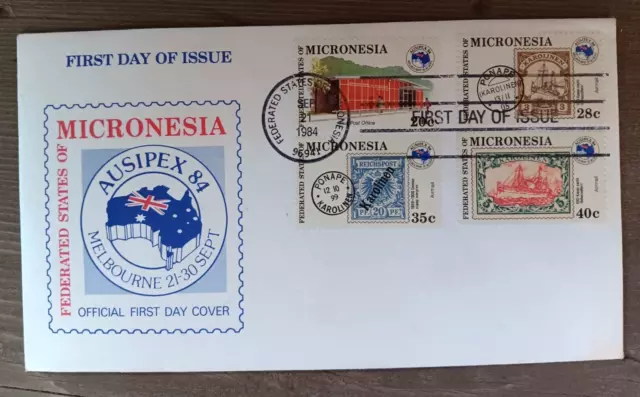 MICRONESIA  AUSIPEX STAMP ON STAMP complete SET 1984 CACHET FDC UNADDR