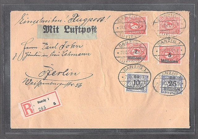 Danzig, R-Flugpost-Fernbrief mit Mi.-Nr 169, 171, 177-180 FA.TworekBPP.