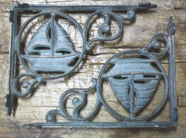 2 Cast Iron NAUTICAL SAILBOAT Brackets Garden Braces Shelf Bracket PIRATES SHIP