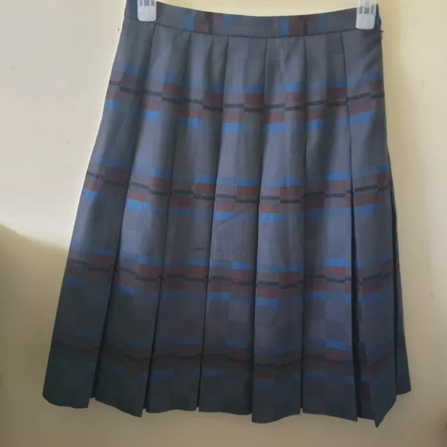 Vintage 80s 90s Abstract Check Pleat Skirt Sz 12 Grey Blue Brown Wool Landgirl