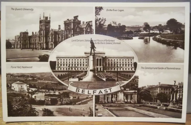 Irish RPPC Postcard BELFAST Multiview Carson Statue Queen's U Northern Ireland