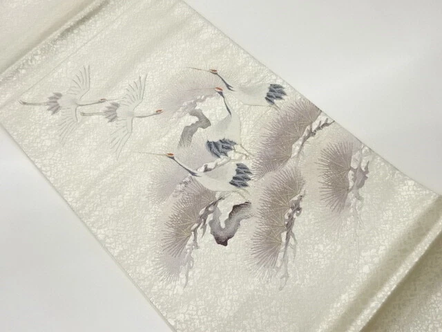 6877158: Japanese Kimono / Vintage Fukuro Obi / Embroidery / Cranes & Pine
