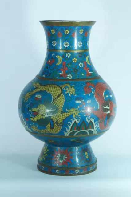 Ancien grand vase Hu Ming émail Chinois  dragons Perles lotus cloisonné rare