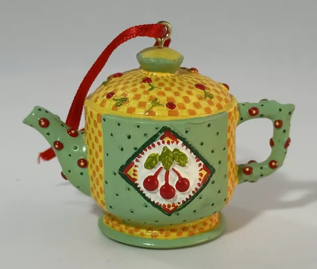 Vintage Mary Engelbreit Green Cherry Teapot Christmas Ornament 1997