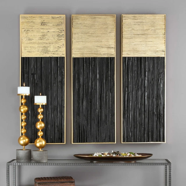Three Pierra Abstract Metallic Gold Black Wood Strips Wall Art Panels Uttermost