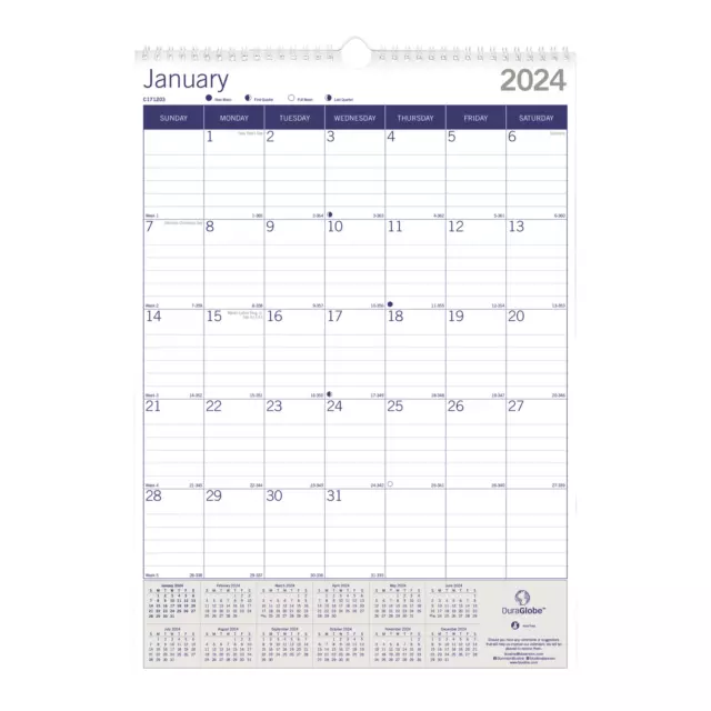 Blueline DuraGlobe Monthly Wall Calendar, 17" x 12", January To December 2024