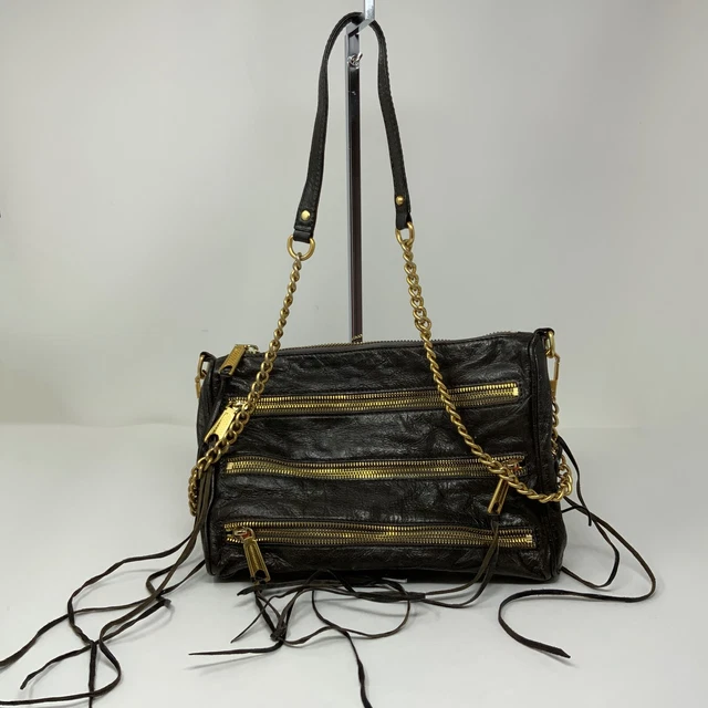 Rebecca Minkoff 4 Zip Crossbody Genuine Leather Crossbody Purse Bag Brown Gold