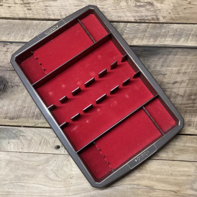 Vintage Oneida flatware storage tray drawer insert red felt brown plastic. MCM