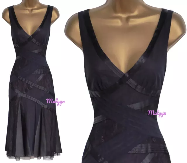 Karen Millen ✩ Stunning Black Satin Mesh Lace Cocktail Fit Flare Dress ✩ Uk 8