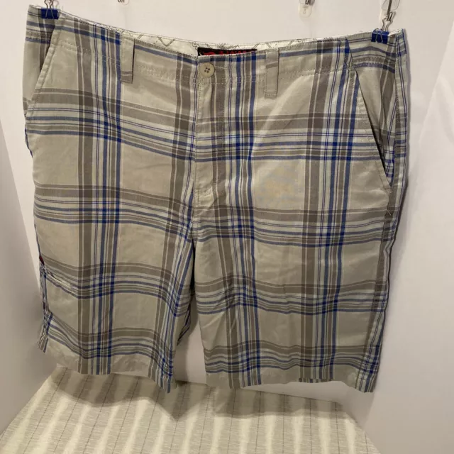 Tony Hawk Board Shorts Mens 36 Gray Blue Plaid Skateboard Zip Flat Front