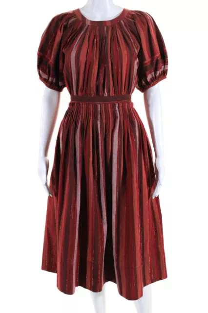 Ulla Johnson Womens Striped Metallic Print Puff Sleeve Zipped Dress Red Size S