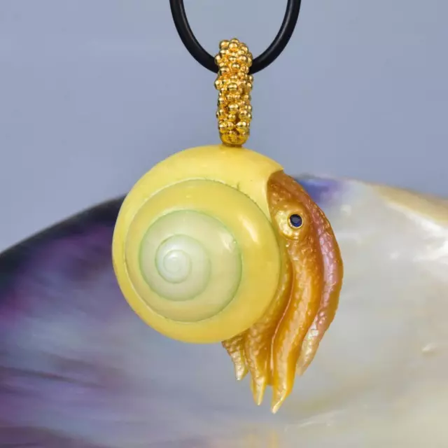 Octopus Pendant Land Snail Mother-of-Pearl Carving & Gold Vermeil Sterling 19.6g