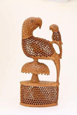 12 Inches Wooden Parrot Figurine Hand Carved Undercut Jali Wooden Birds Statue