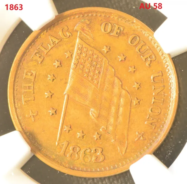 1863 China UTICA NY F-905C-1a SHERWOOD & HOPSON Brass Coin NGC AU 58