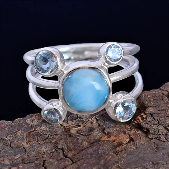 925 Sterling Silver Blue Topaz Véritable Larimar Gemstone Bague Bijoux...