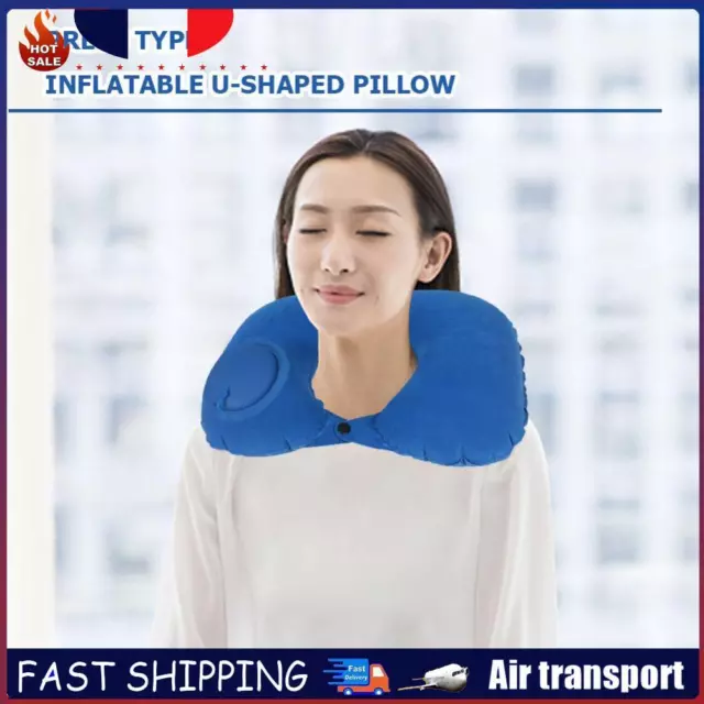 U Shape Travel Pillow Press Air Inflatable Airplane Neck Cushion (Blue) FR