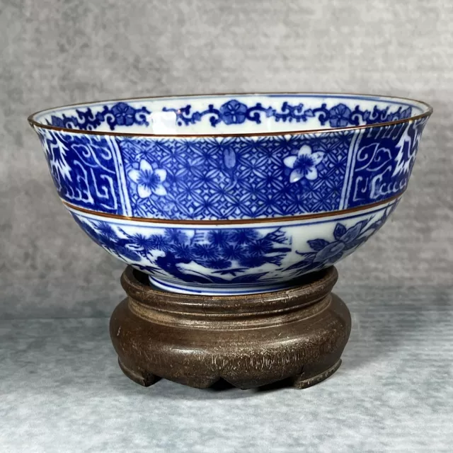 Antique c1912 Taisho Period Japanese Aoki Brothers Blue and White Arita Bowl