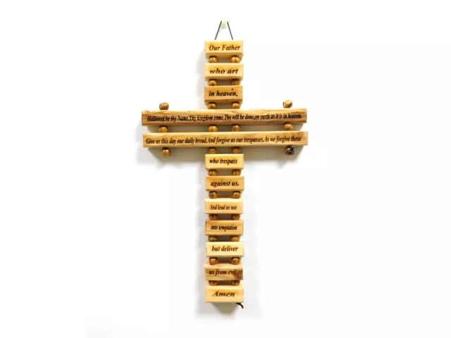 Olive Wood Wall Cross Lord's Prayer 9 Inches Hand Made Jerusalem Holy Land