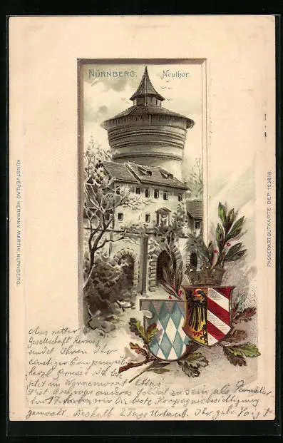 Passepartout lithograph Nuremberg, Neutor, coat of arms 1902
