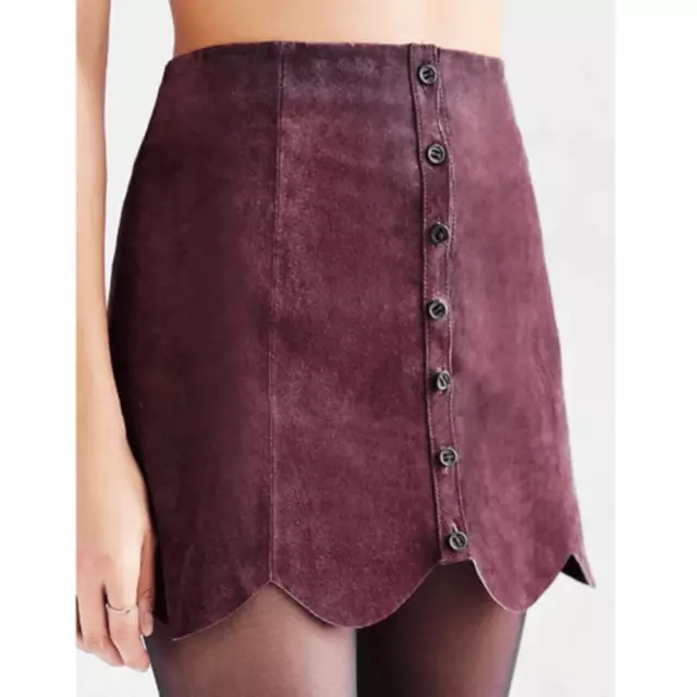 Plum Scalloped Suede Skirt ecote size 6 purple real genuine leather a-line