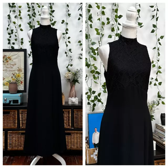 Vintage 90s Black Maxi Dress Sleeveless Lace Mock Neck Cocktail Witchy Goth S/M