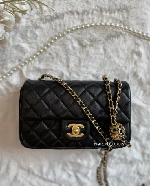 CHANEL 22S WHITE Mini Square Flap Bag with Pearl Crush / Gold Ball