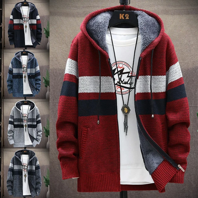 Men Thick Warm Fleece Lined Hooded Hoodie Winter Zip Knit Coat Jacket Sweatshirt