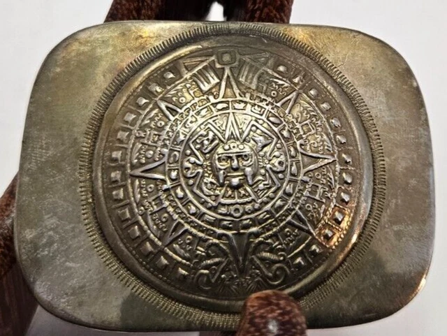 Taxco Vintage Hencho En Mexico Silver Tone Mayan Aztec Calendar Belt Buckle