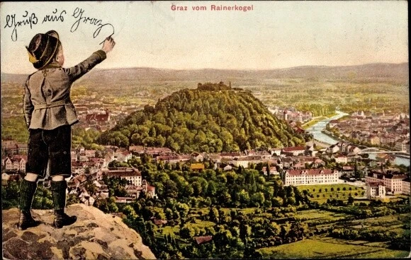 Ak Graz Steiermark, Ort vom Rainerkogel gesehen, Kind in Tracht - 3175646