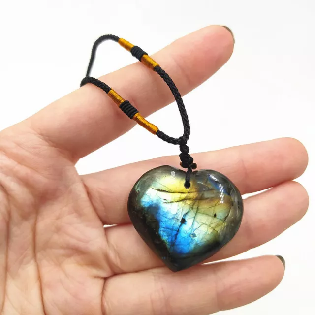 Natural Labradorite Quartz Crystal Heart Shaped Pendant Healing Chakra Necklace