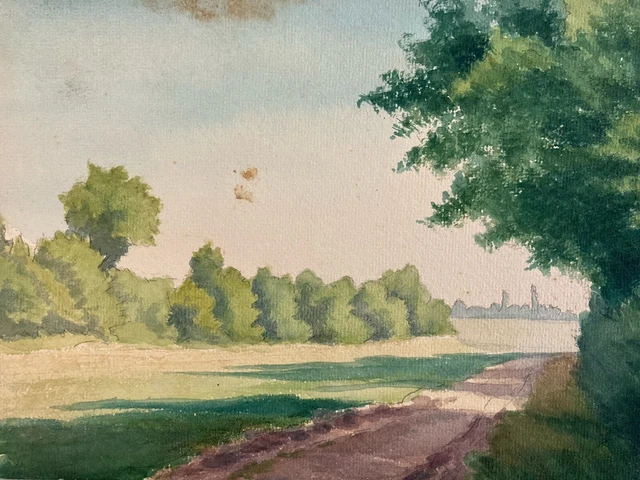 Peinture Originale Aquarelle/gouache Paysage Arbre Montagne Forêt - Années 1930, 24x17 Cm