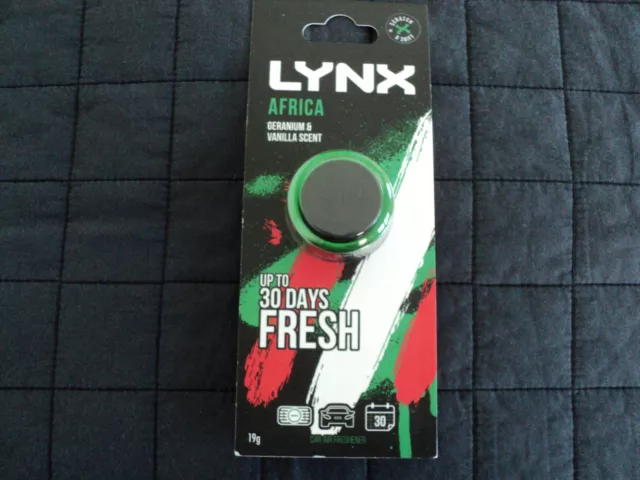 Lynx Africa 19g Geranium & Vanilla Mini Vent Car Air Freshener. FREE POSTAGE.