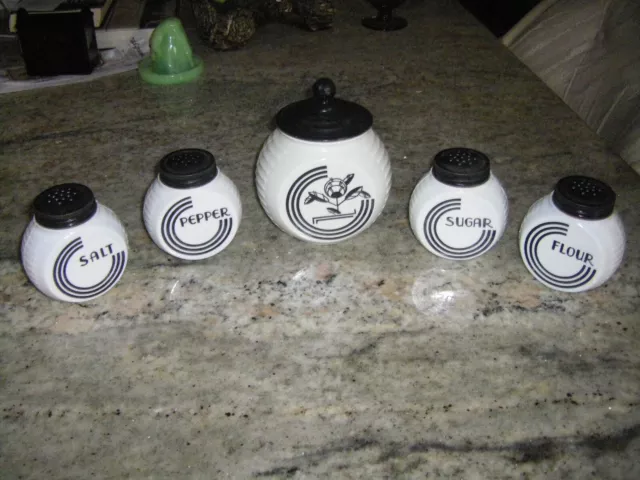 Hoosier BLACK CIRCLES Range Set -Salt  Pepper  Sugar Flour Shakers + Grease Jar