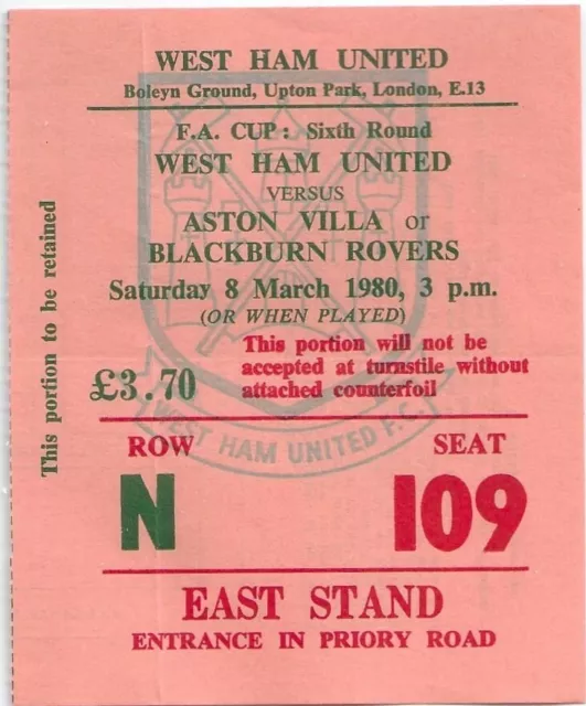 West Ham v Aston Villa 1980 FA Cup ticket - West Ham win cup