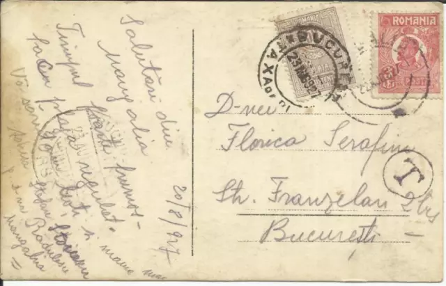 Romania POSTAL TAX DUE Sc#RAJ19 Bucharest 23/AUG/1927 postcard view "Mangalia"