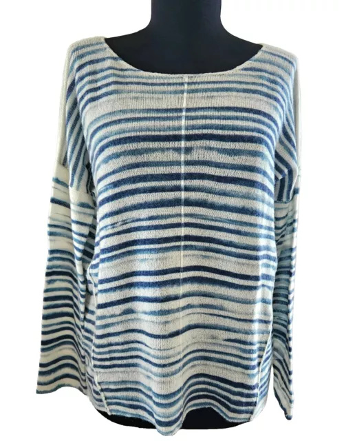 White + Warren Size Small Cashmere Lightweight Blue Striped Relaxed Fit Sweater