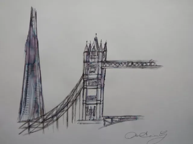 Original Stift & Tintenwäsche London Cityscape Zeichnung der London Bridge Themse & Shard
