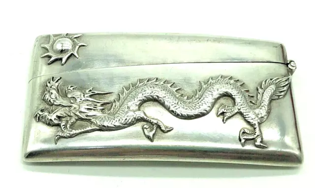 Antique Sterling Silver Luen Hing Shanghai Raised Detailed Dragon Sun Card Case