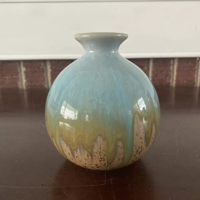 Art Pottery Ball Vase Blue Brown Metallic Drip Glaze
