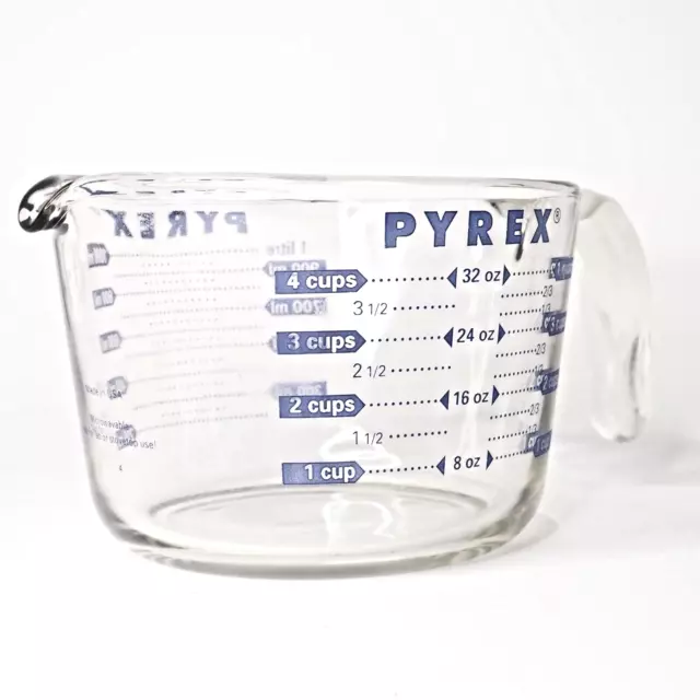 Vintage Glass PYREX Measuring Cup 4-Cup 1 Quart 32oz 1000ml 1 Litre Blue Letters